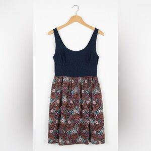 Anthropologie Weston Navy Blue Lace Top Sleeveless Tank Dress With Floral Bottom